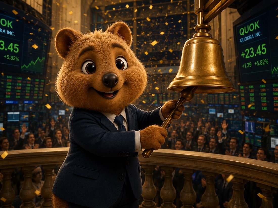 Quokka in a suit ringing the opening bell to celebrate the $QUOKKA launch